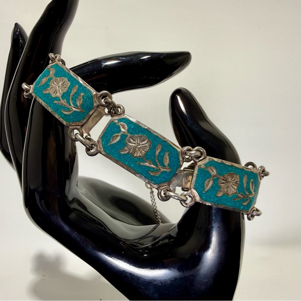 Vintage Mexico 925 Silver and Turquoise Floral Bracelet - Picture 3 of 6